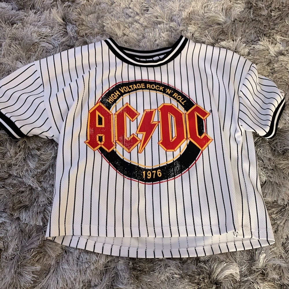 White and Black striped cropped AC/DC jersey shirt